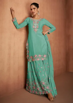 Mint Green Chinnon Silk Festive Style Palazzo Suit