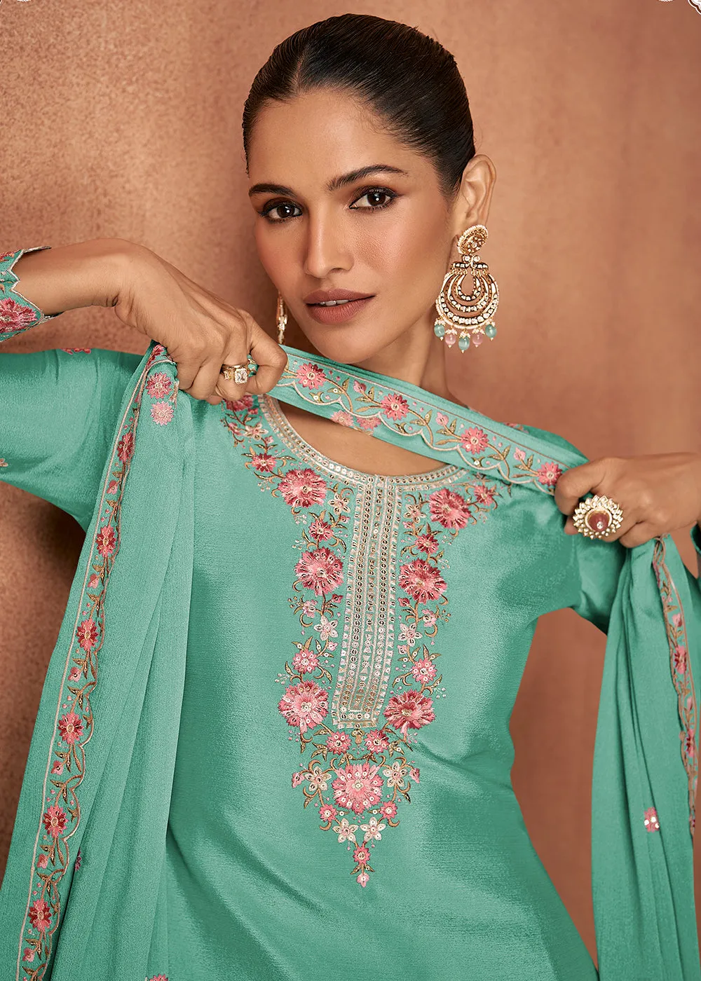 Mint Green Chinnon Silk Festive Style Palazzo Suit