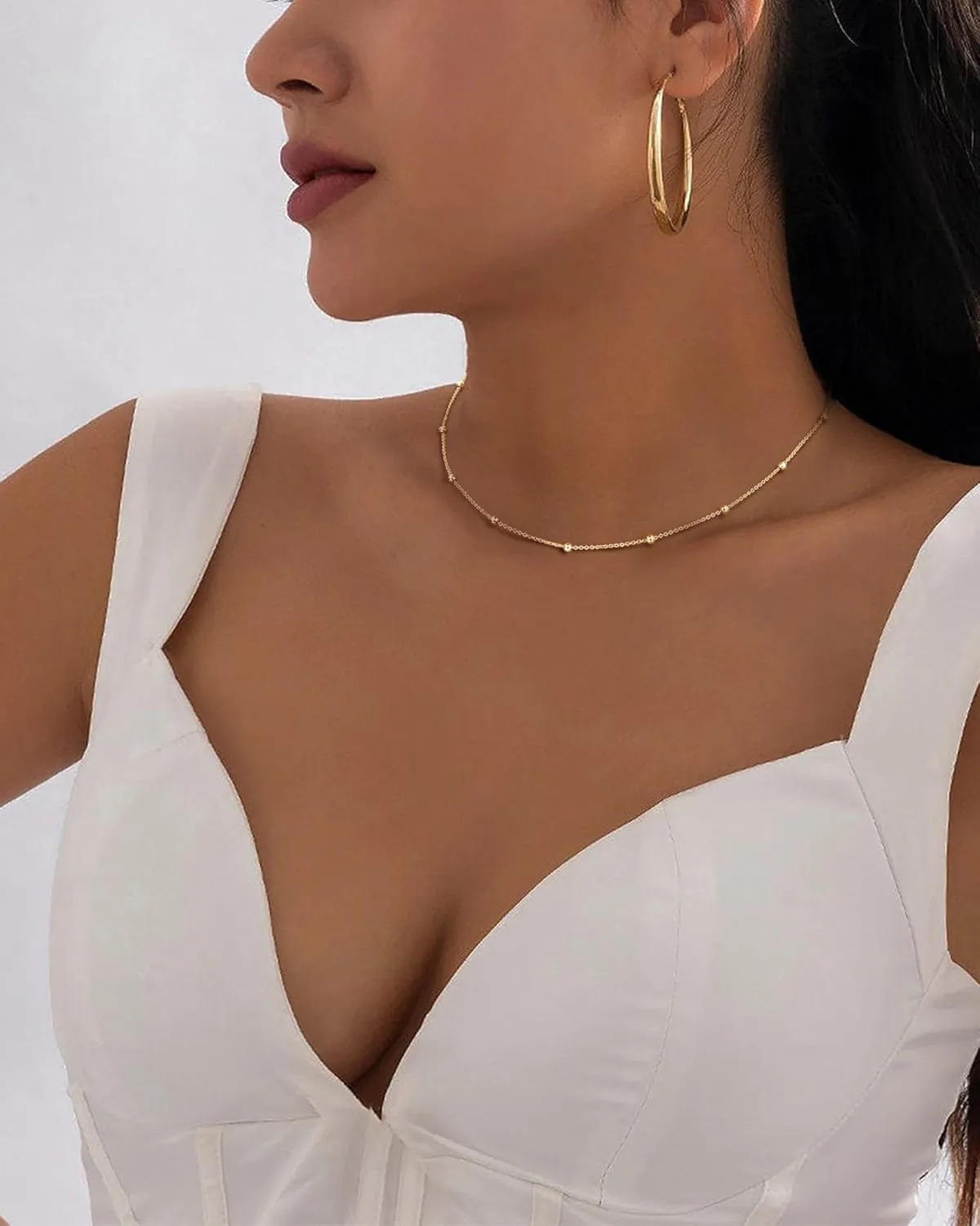 MJartoria Dainty Choker Necklace for Women 14K Gold Plated Minimalist Chain Choker Necklace Trendy Satellite Bead Choker Jewelry Gifts