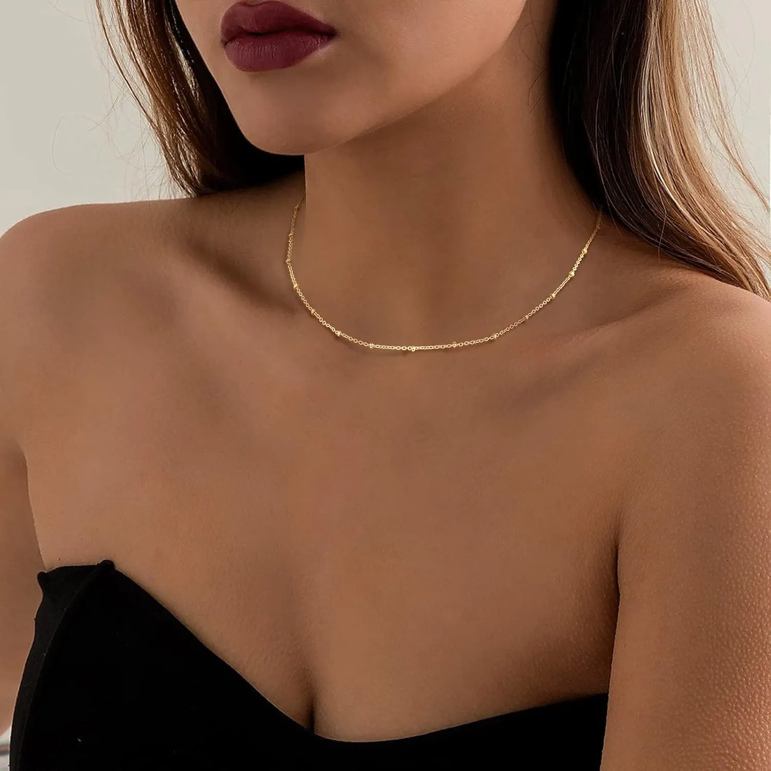 MJartoria Dainty Choker Necklace for Women 14K Gold Plated Minimalist Chain Choker Necklace Trendy Satellite Bead Choker Jewelry Gifts