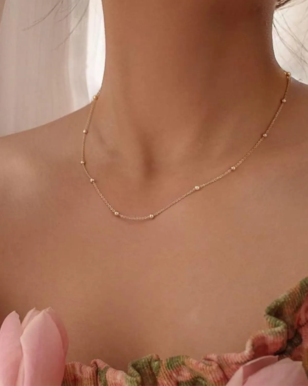 MJartoria Dainty Choker Necklace for Women 14K Gold Plated Minimalist Chain Choker Necklace Trendy Satellite Bead Choker Jewelry Gifts