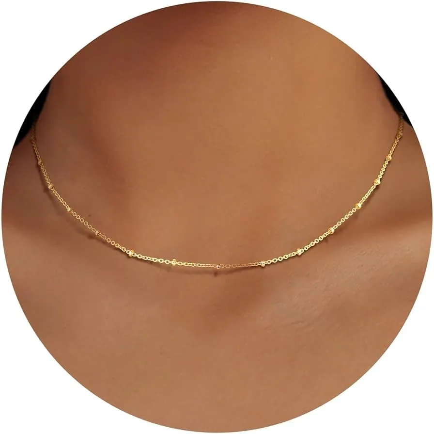 MJartoria Dainty Choker Necklace for Women 14K Gold Plated Minimalist Chain Choker Necklace Trendy Satellite Bead Choker Jewelry Gifts