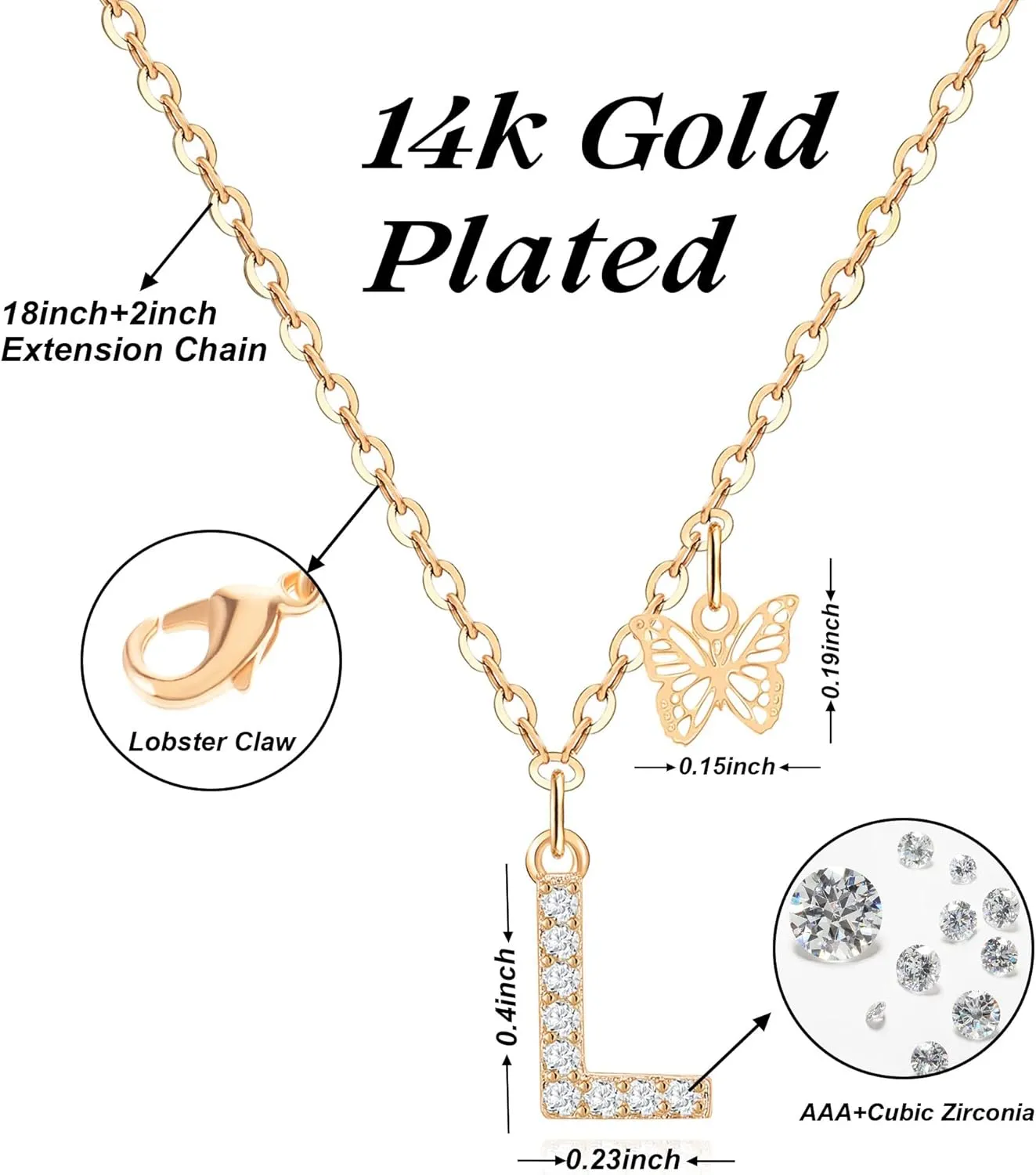 MJartoria Dainty Initial Necklace Butterfly Pendant Necklace, 14K Gold Plated Cubic Zirconia Letter Dainty Necklaces Jewelry Birthday Gifts for Women