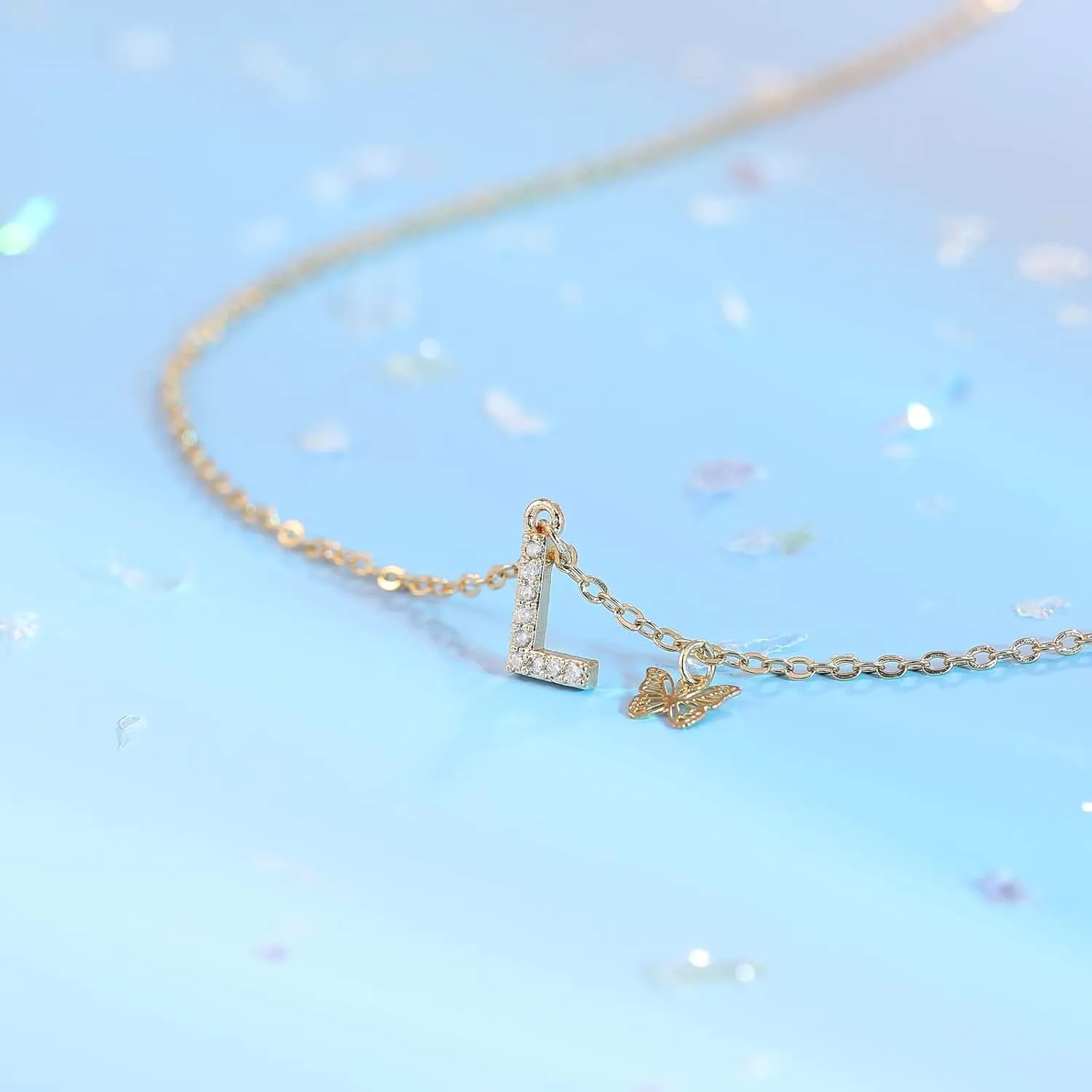 MJartoria Dainty Initial Necklace Butterfly Pendant Necklace, 14K Gold Plated Cubic Zirconia Letter Dainty Necklaces Jewelry Birthday Gifts for Women