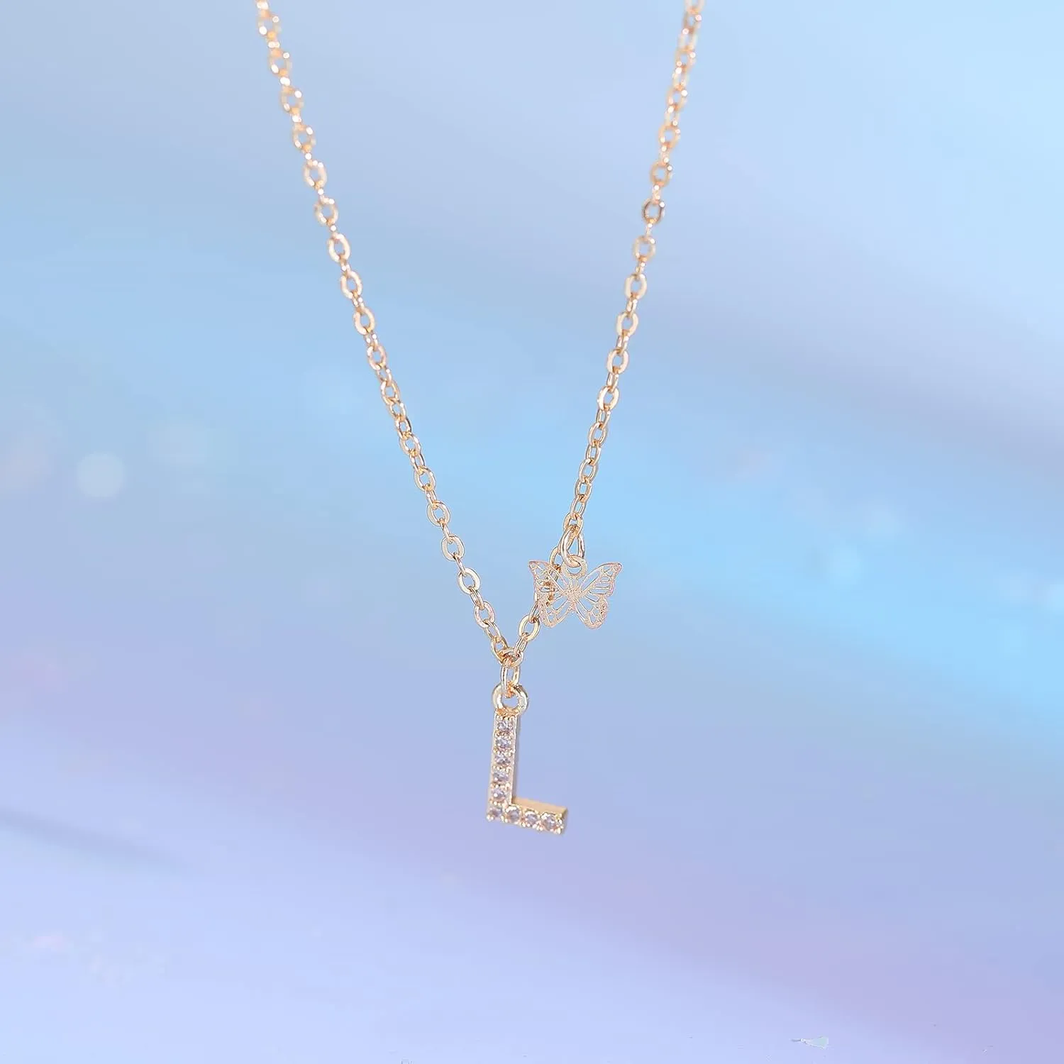 MJartoria Dainty Initial Necklace Butterfly Pendant Necklace, 14K Gold Plated Cubic Zirconia Letter Dainty Necklaces Jewelry Birthday Gifts for Women