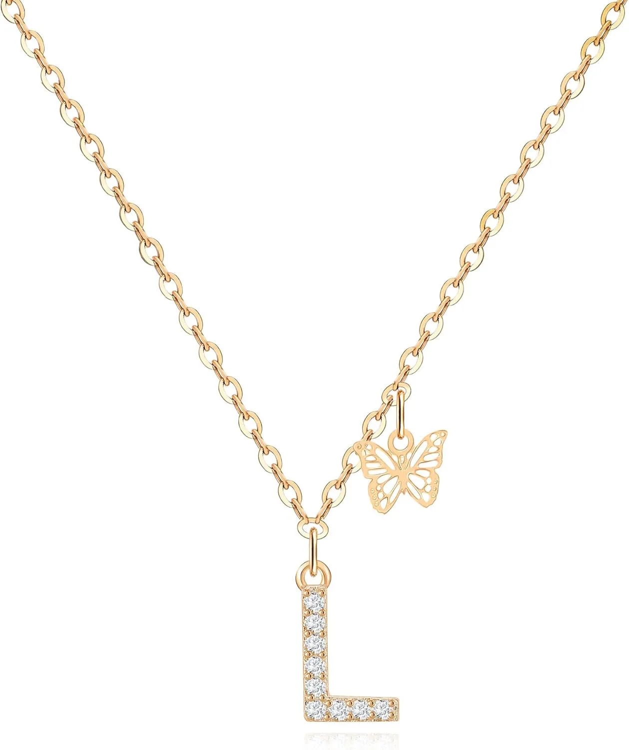 MJartoria Dainty Initial Necklace Butterfly Pendant Necklace, 14K Gold Plated Cubic Zirconia Letter Dainty Necklaces Jewelry Birthday Gifts for Women