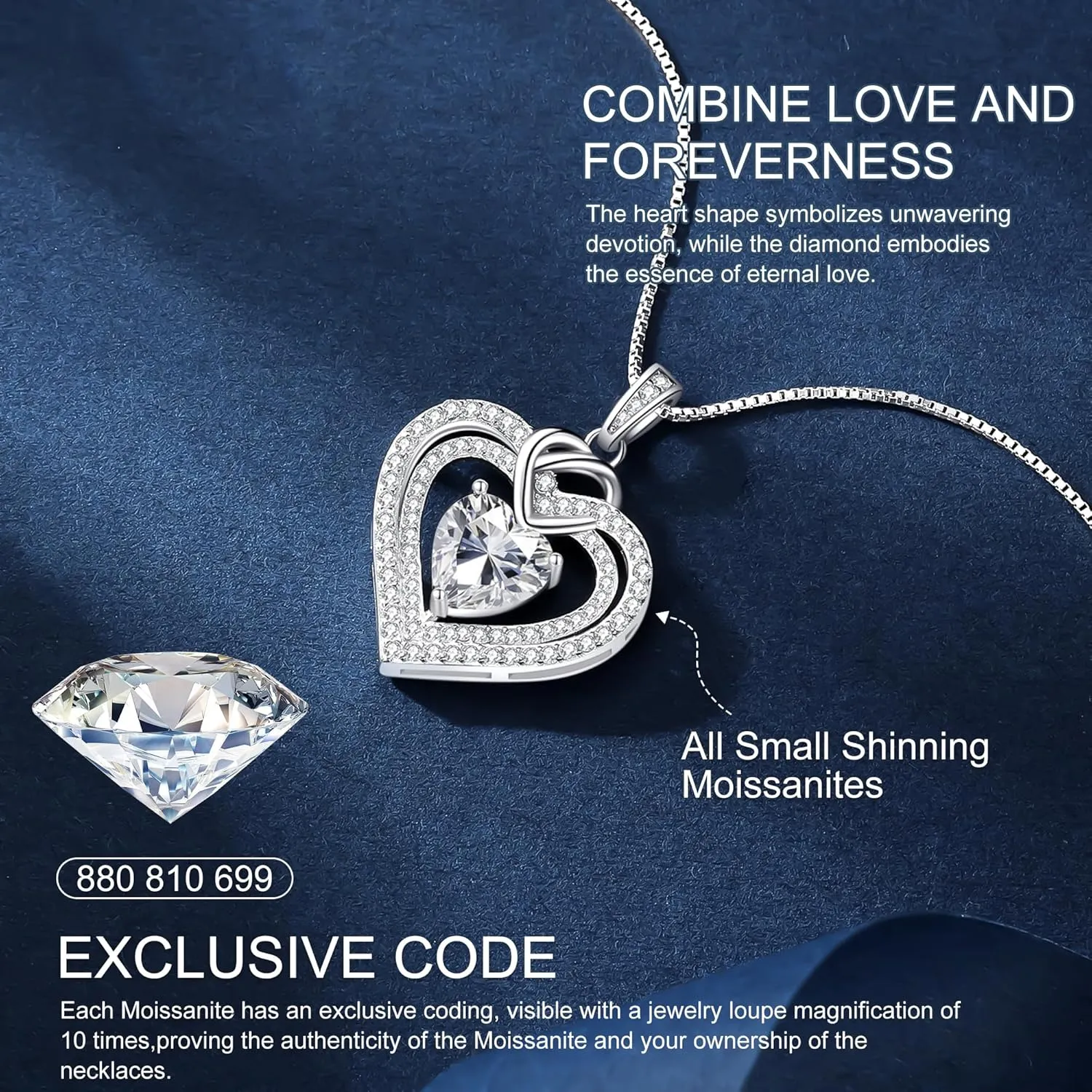 Moissanite Heart Pendant Necklaces for Women, 1-3 Carats Moissanite Sterling Silver Gold Plating Necklace Engraved with 'I LOVE YOU', Ideal Birthday Anniversary Jewelry Gifts for Wife Her Mom