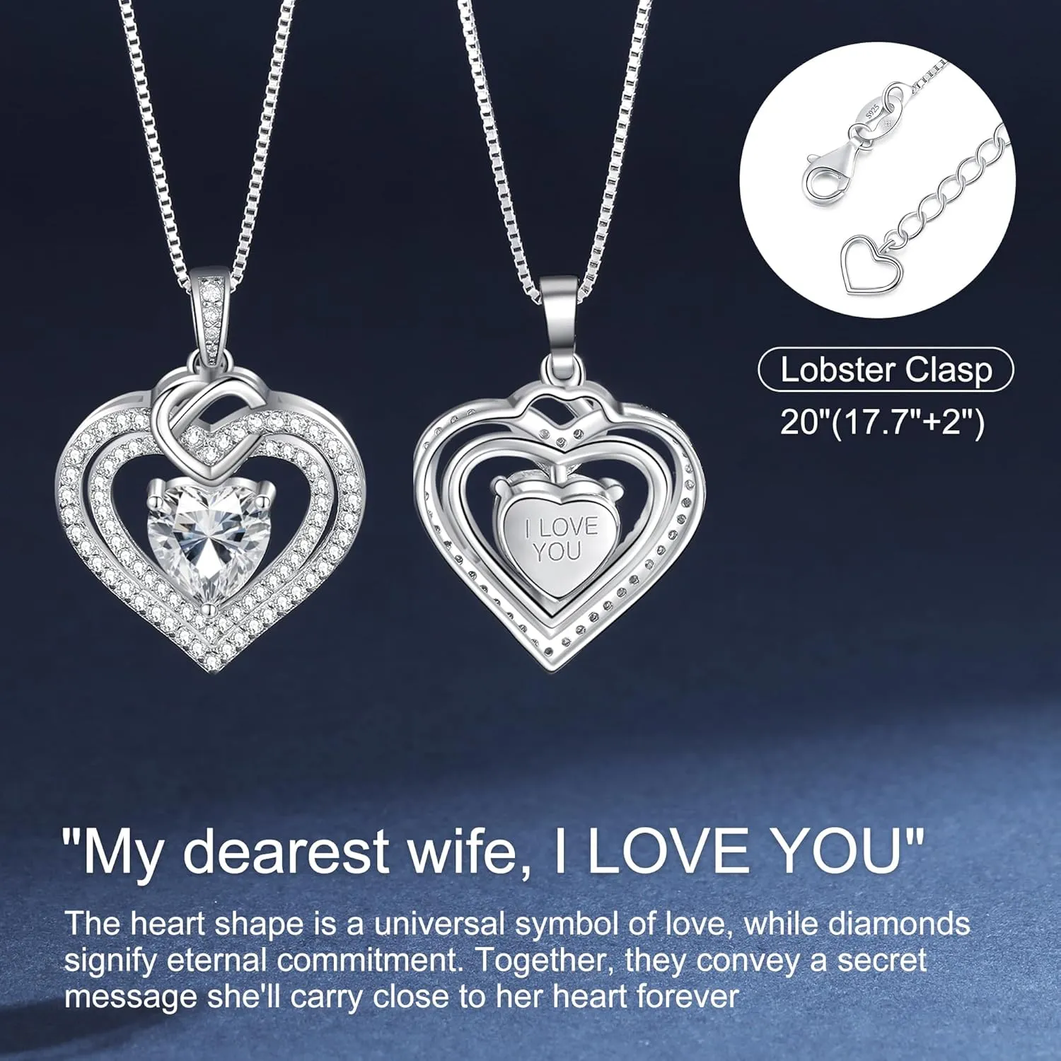 Moissanite Heart Pendant Necklaces for Women, 1-3 Carats Moissanite Sterling Silver Gold Plating Necklace Engraved with 'I LOVE YOU', Ideal Birthday Anniversary Jewelry Gifts for Wife Her Mom