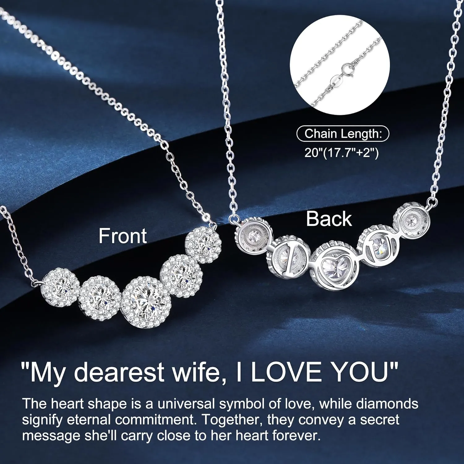 Moissanite Necklace for Women, 1.7-7.6 Carat Heart Necklace Engraved 'I LOVE YOU' Gift for Wife, Wedding Anniversary Birthday Gifts for Women, Jewelry Gifts for Her Wife Mom Girlfriend Lady
