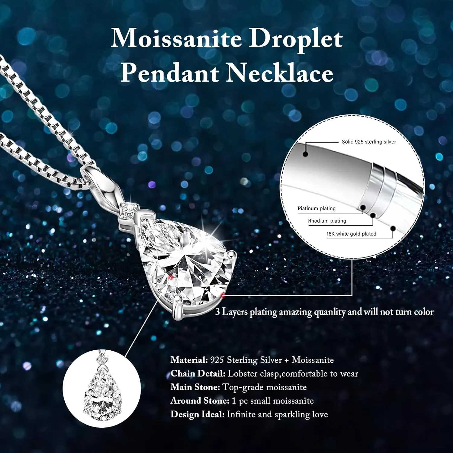 Moissanite Necklace for Women 925 Sterling Silver Teardrop Pendant 1.5/2/4 Carat Pear Cut D-Color VVS1 Moissanite Necklaces Jewelry Valentine Wedding Birthday Gifts for Her Wife Mom