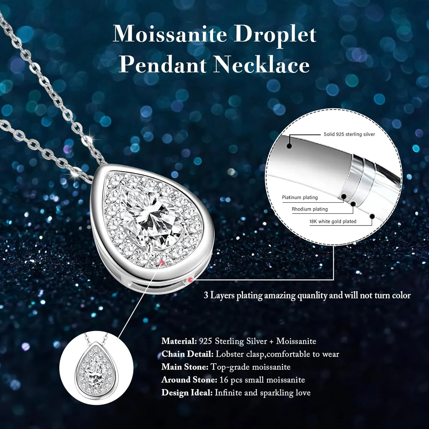 Moissanite Necklaces Gift for Women, S925 Sterling Silver 1/1.5/2CT D Color VVS1 Pear Cut Lab-created Imitation Diamond Pendant for Her Wife Mom