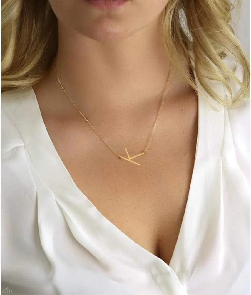 MOMOL Sideways Initial Necklace 18K Gold Plated Stainless Steel Tiny Initial Necklace Dainty Personalized Letter Necklace Delicate Small Monogram Name Necklace for Women