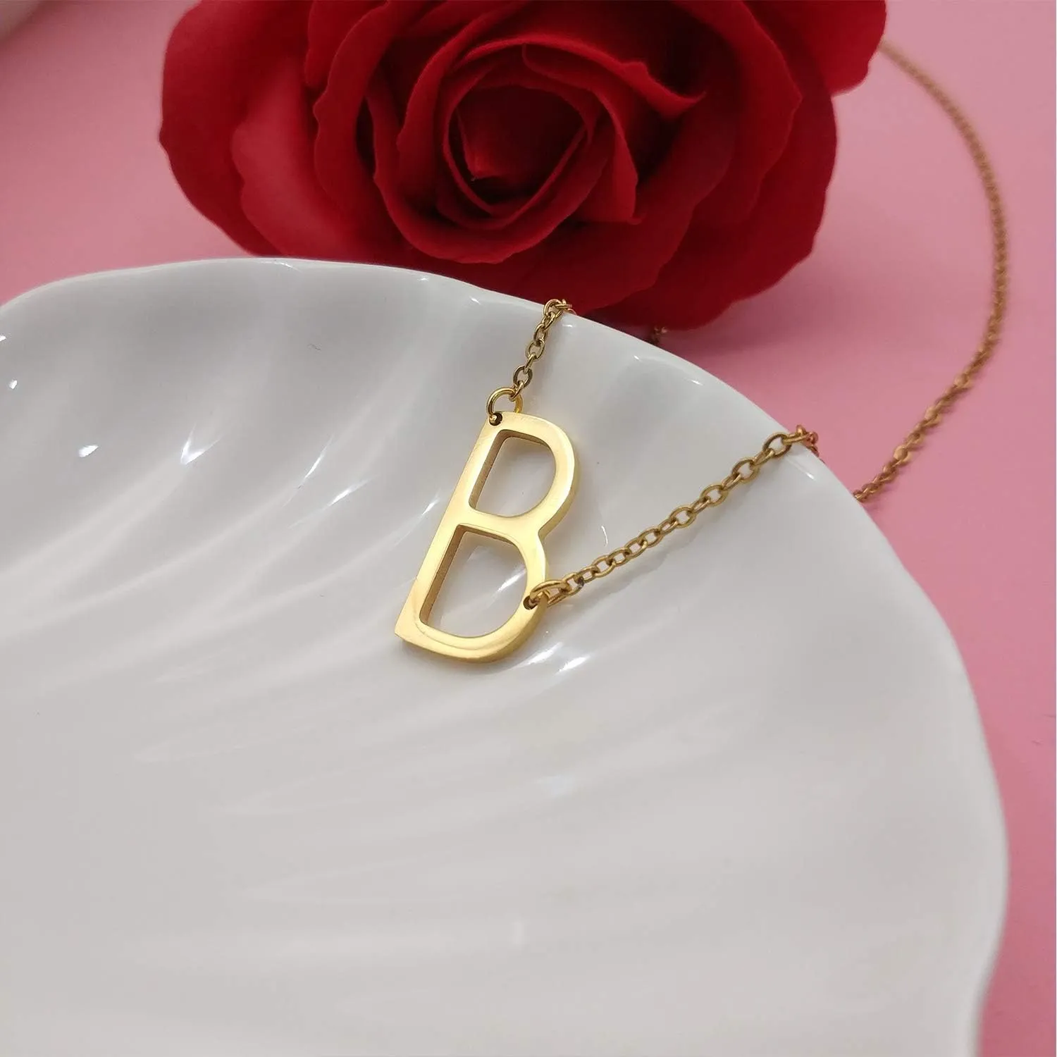 MOMOL Sideways Initial Necklace 18K Gold Plated Stainless Steel Tiny Initial Necklace Dainty Personalized Letter Necklace Delicate Small Monogram Name Necklace for Women