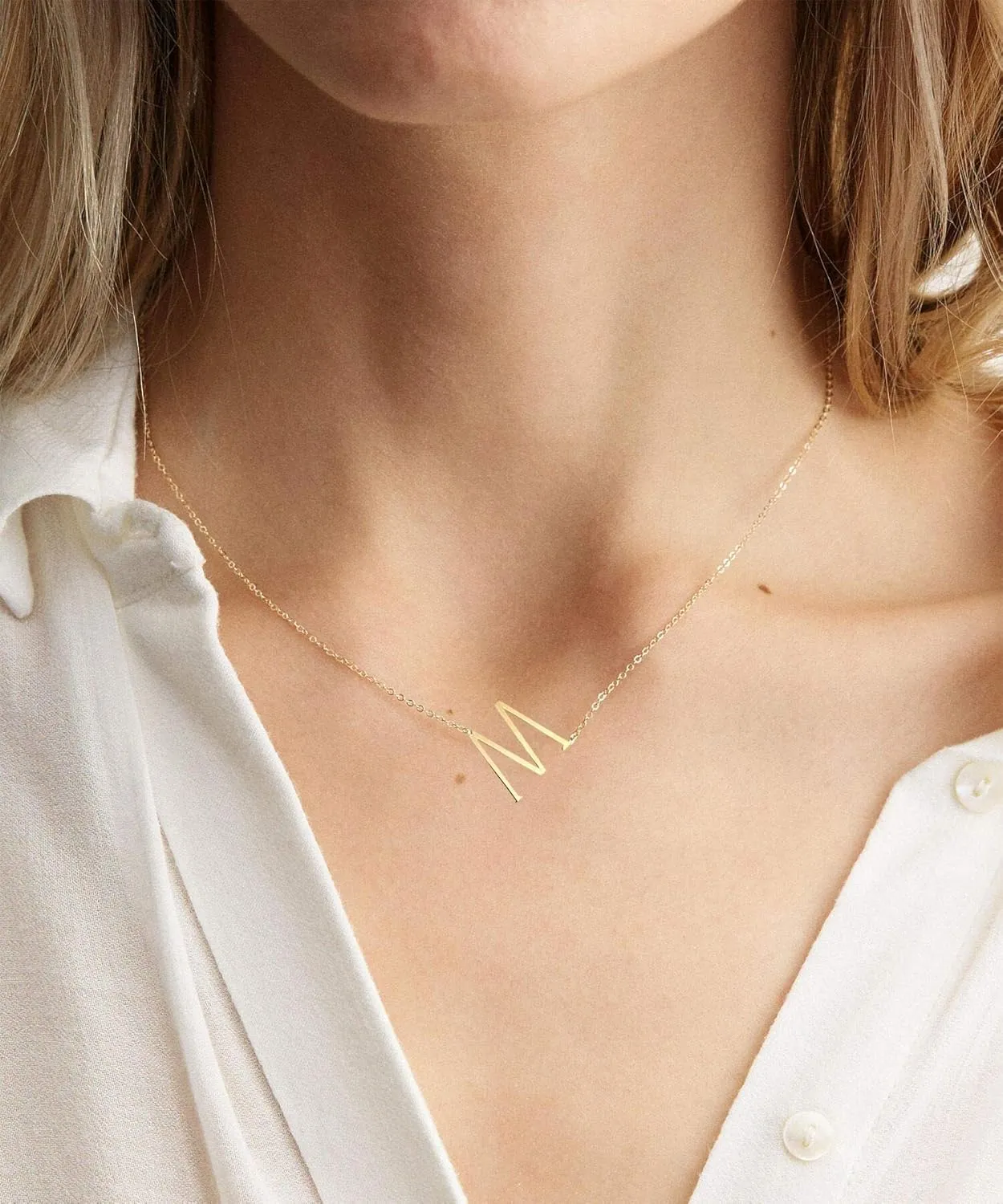 MOMOL Sideways Initial Necklace 18K Gold Plated Stainless Steel Tiny Initial Necklace Dainty Personalized Letter Necklace Delicate Small Monogram Name Necklace for Women