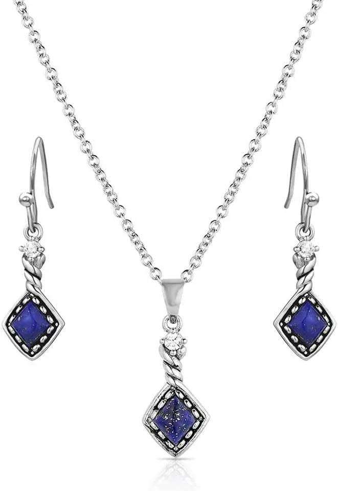Montana Silversmiths Deep Blue Lapis Stone 19 Inch Split Chain Necklace Matching French Wire Earring Jewelry Set