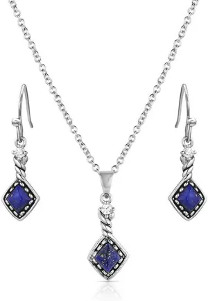 Montana Silversmiths Deep Blue Lapis Stone 19 Inch Split Chain Necklace Matching French Wire Earring Jewelry Set