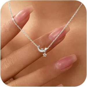 Moon and Star Necklaces for Women Dainty 925 Sterling Silver Moon Pendant Chain 14K Gold Plated Cute Star CZ Charm Necklace Jewish Birthday Wedding Graduation Gifts Jewelry for Her