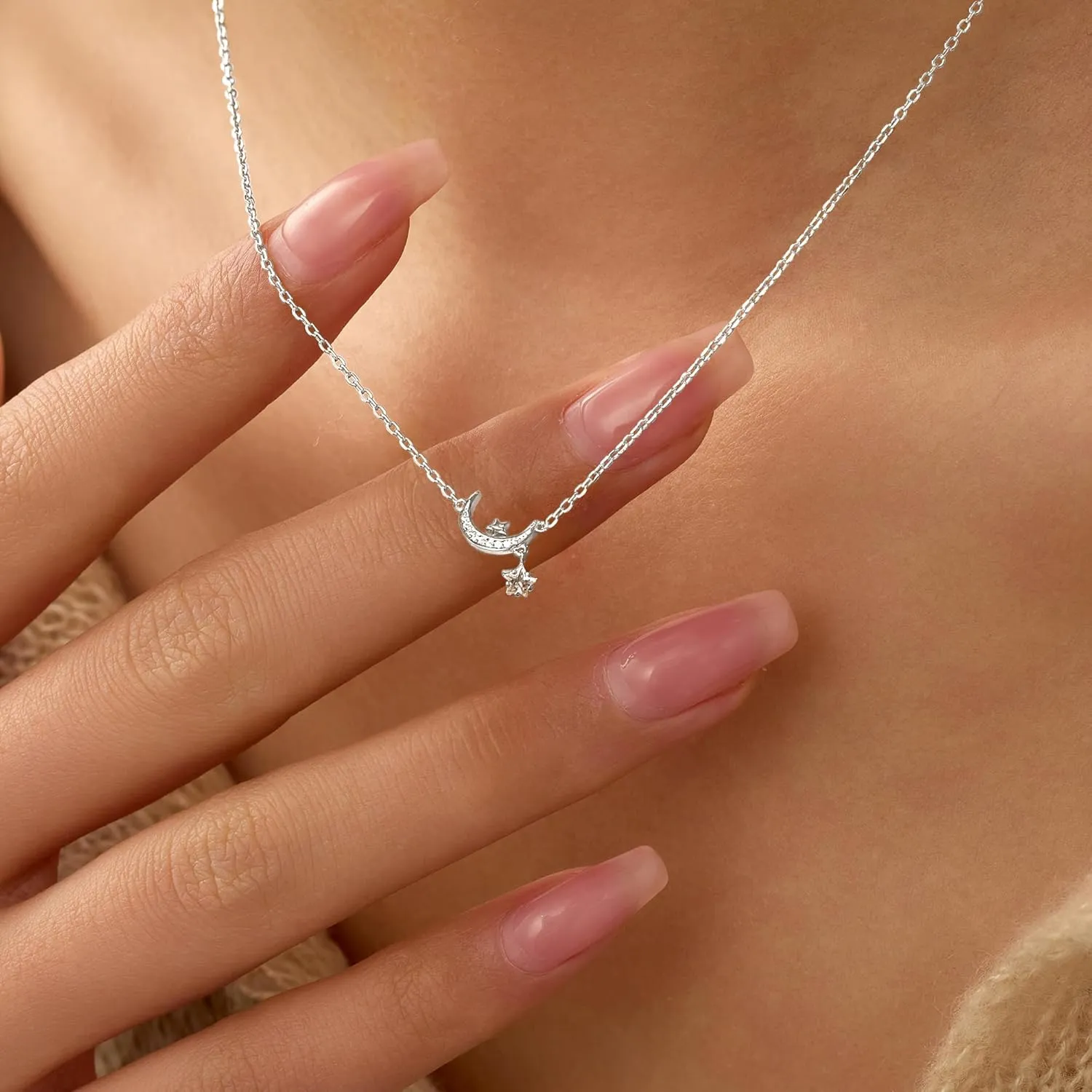 Moon and Star Necklaces for Women Dainty 925 Sterling Silver Moon Pendant Chain 14K Gold Plated Cute Star CZ Charm Necklace Jewish Birthday Wedding Graduation Gifts Jewelry for Her