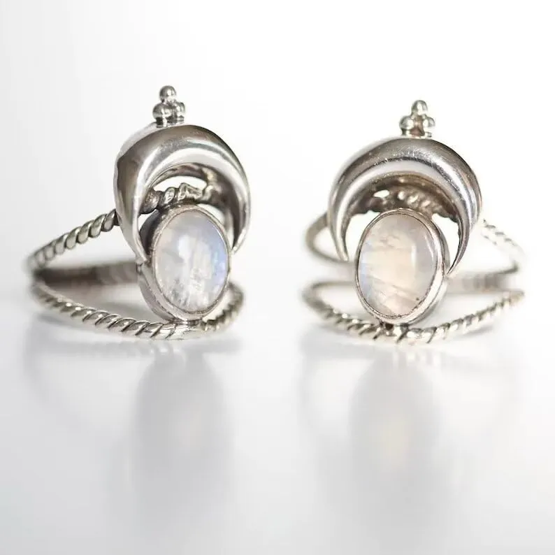 Moonstone Ring for Women Vintage Silver Ring Purple Stone Amethyst Ring Gemstone Statement Rings Handmade Jewelry Gifts