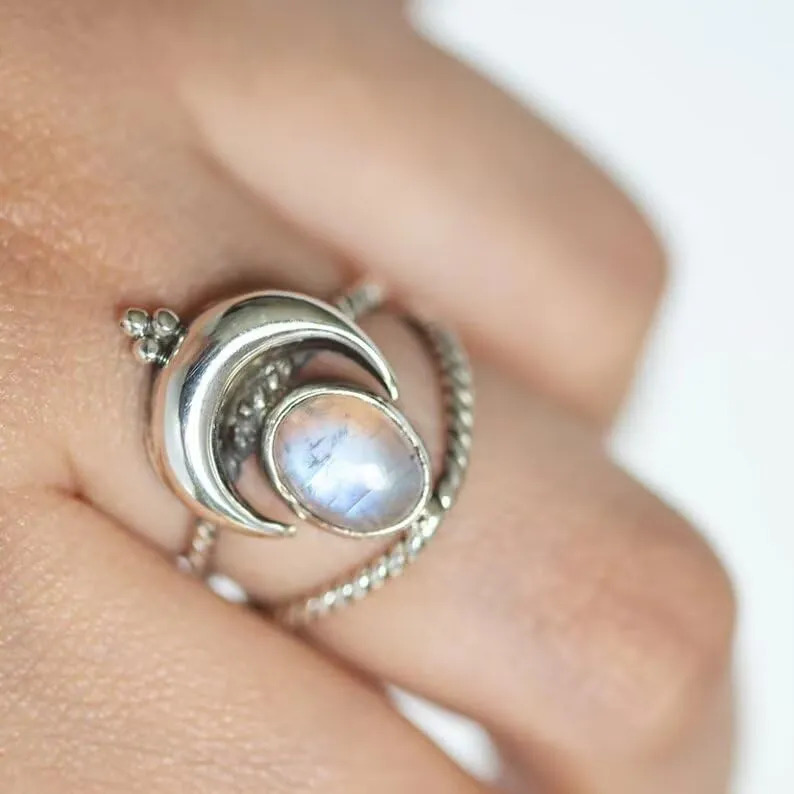 Moonstone Ring for Women Vintage Silver Ring Purple Stone Amethyst Ring Gemstone Statement Rings Handmade Jewelry Gifts