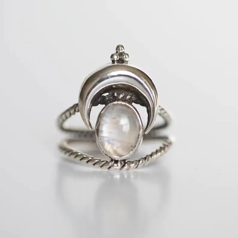 Moonstone Ring for Women Vintage Silver Ring Purple Stone Amethyst Ring Gemstone Statement Rings Handmade Jewelry Gifts