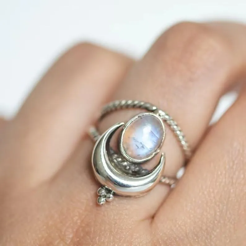 Moonstone Ring for Women Vintage Silver Ring Purple Stone Amethyst Ring Gemstone Statement Rings Handmade Jewelry Gifts