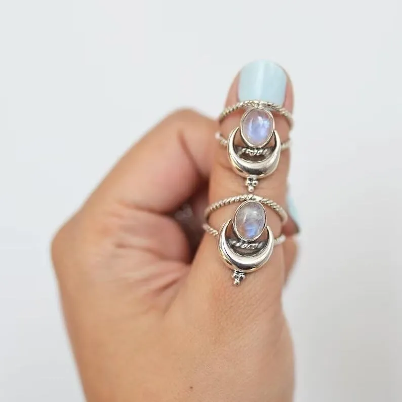 Moonstone Ring for Women Vintage Silver Ring Purple Stone Amethyst Ring Gemstone Statement Rings Handmade Jewelry Gifts