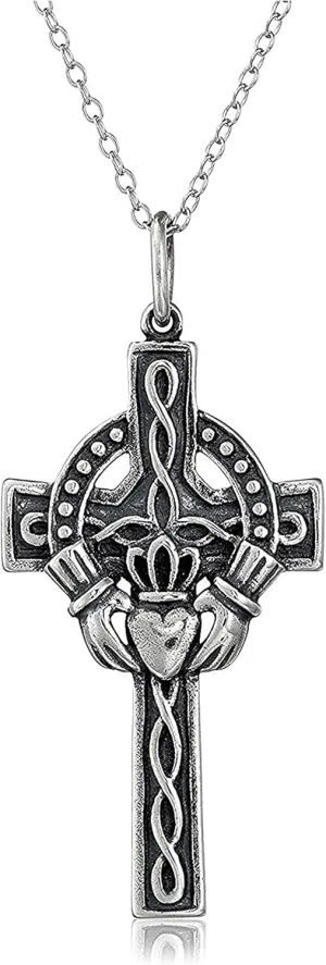 MORGAN & PAIGE .925 Sterling Silver Oxidized Celtic Claddagh Crown, Cross or Celtic Knot Pendant Necklace for Women - Hypoallergenic Sterling Silver Necklace for Women, Jewelry for Her. 18" Chain