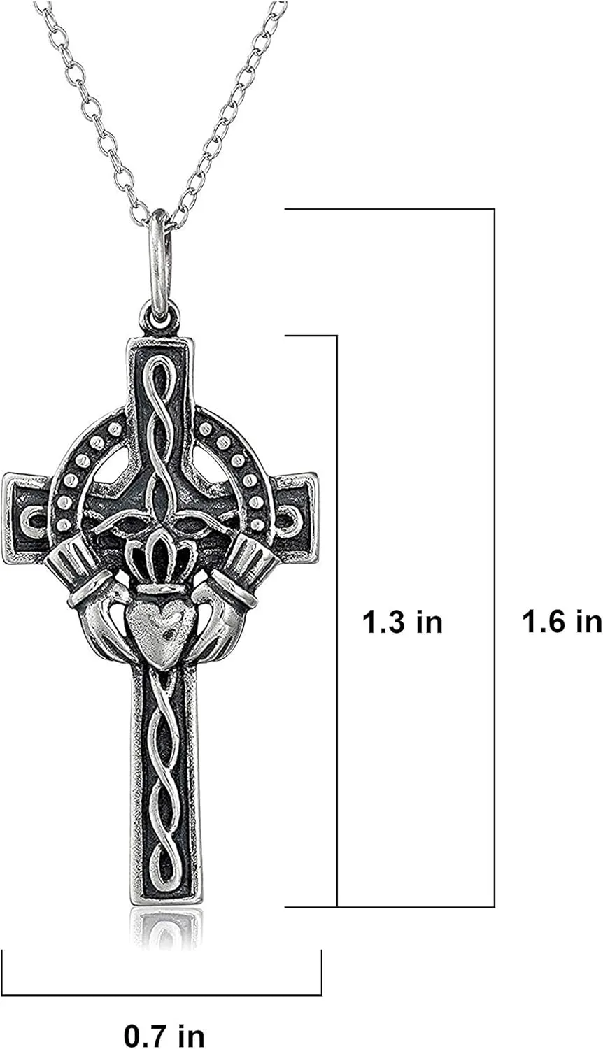 MORGAN & PAIGE .925 Sterling Silver Oxidized Celtic Claddagh Crown, Cross or Celtic Knot Pendant Necklace for Women - Hypoallergenic Sterling Silver Necklace for Women, Jewelry for Her. 18" Chain
