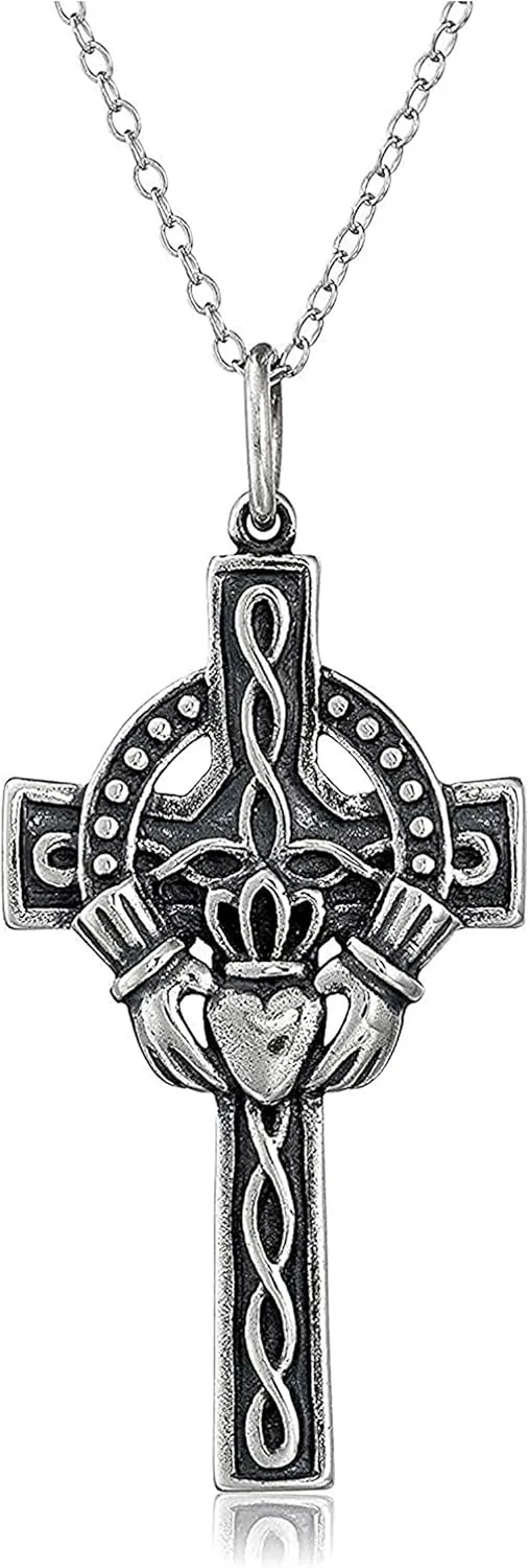 MORGAN & PAIGE .925 Sterling Silver Oxidized Celtic Claddagh Crown, Cross or Celtic Knot Pendant Necklace for Women - Hypoallergenic Sterling Silver Necklace for Women, Jewelry for Her. 18" Chain
