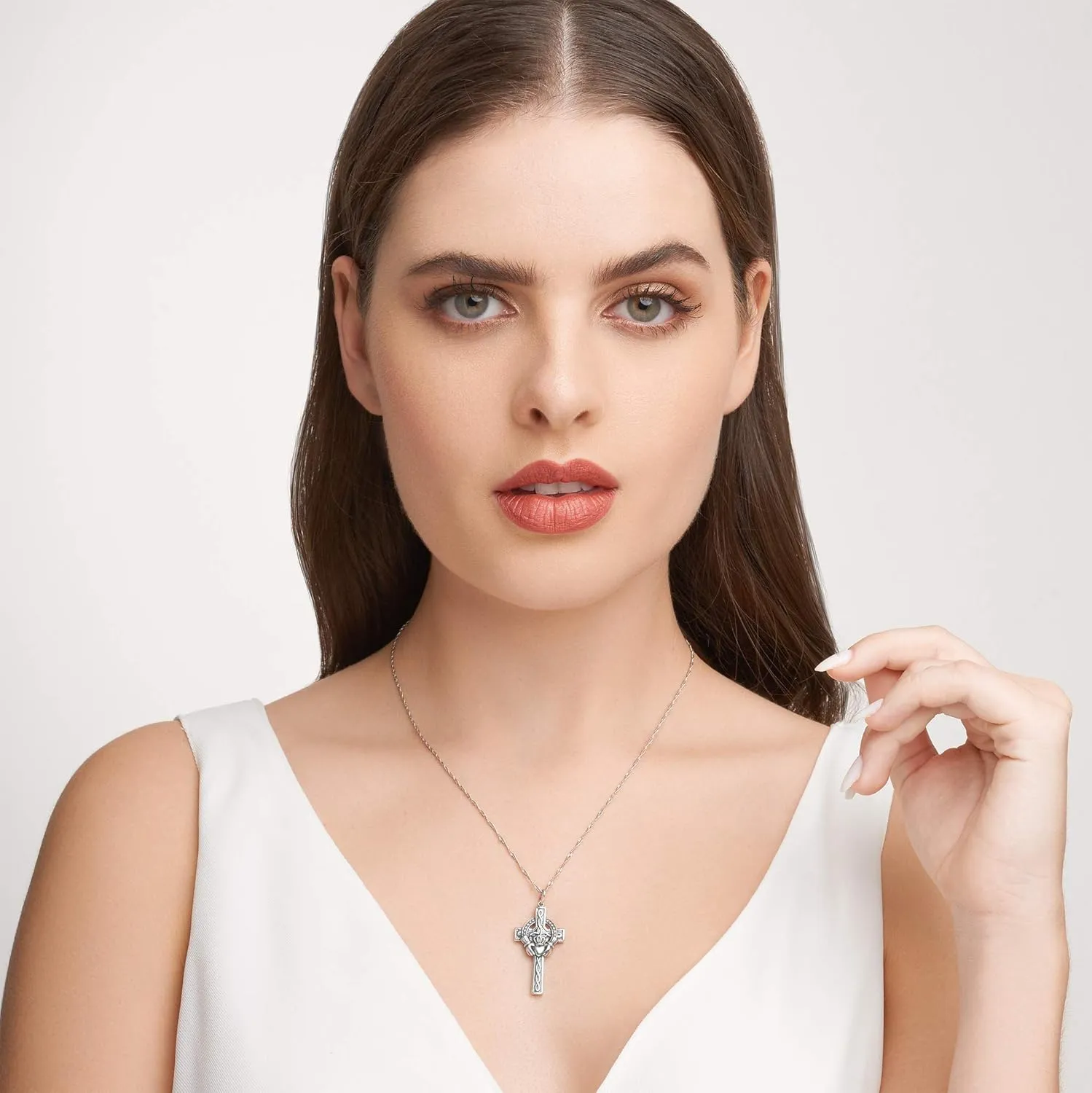 MORGAN & PAIGE .925 Sterling Silver Oxidized Celtic Claddagh Crown, Cross or Celtic Knot Pendant Necklace for Women - Hypoallergenic Sterling Silver Necklace for Women, Jewelry for Her. 18" Chain
