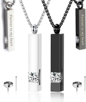 MOROTOLE 2 Pcs Urn Necklaces for Ashes Memorial Cremation Urn Necklace Stainless Steel Black Silver Tone Bar Pendant Necklace Ashes Keepsake Jewelry with Cubic Zirconia
