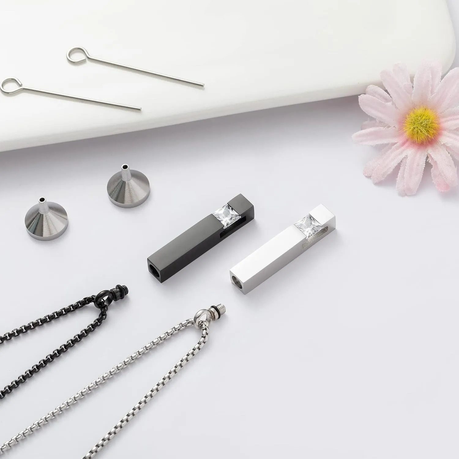 MOROTOLE 2 Pcs Urn Necklaces for Ashes Memorial Cremation Urn Necklace Stainless Steel Black Silver Tone Bar Pendant Necklace Ashes Keepsake Jewelry with Cubic Zirconia