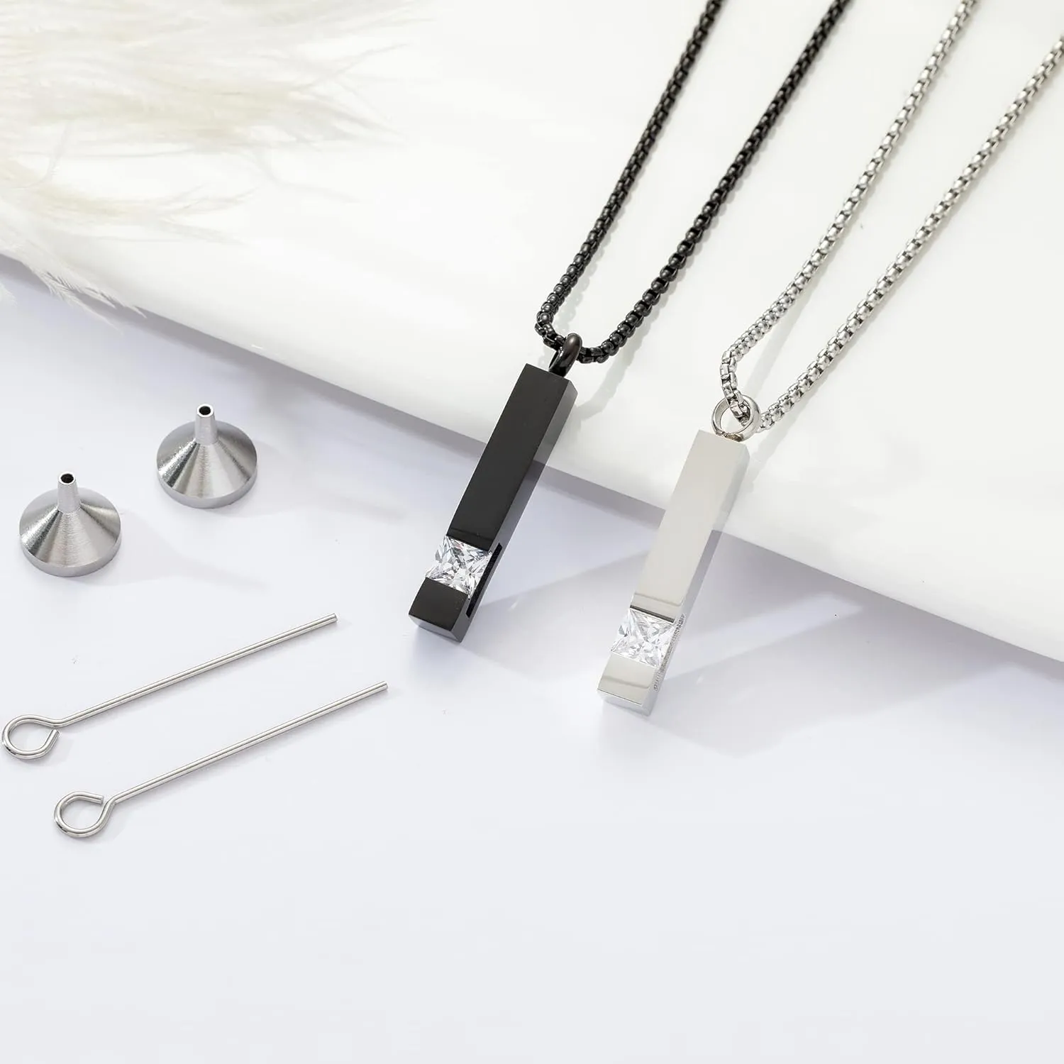 MOROTOLE 2 Pcs Urn Necklaces for Ashes Memorial Cremation Urn Necklace Stainless Steel Black Silver Tone Bar Pendant Necklace Ashes Keepsake Jewelry with Cubic Zirconia