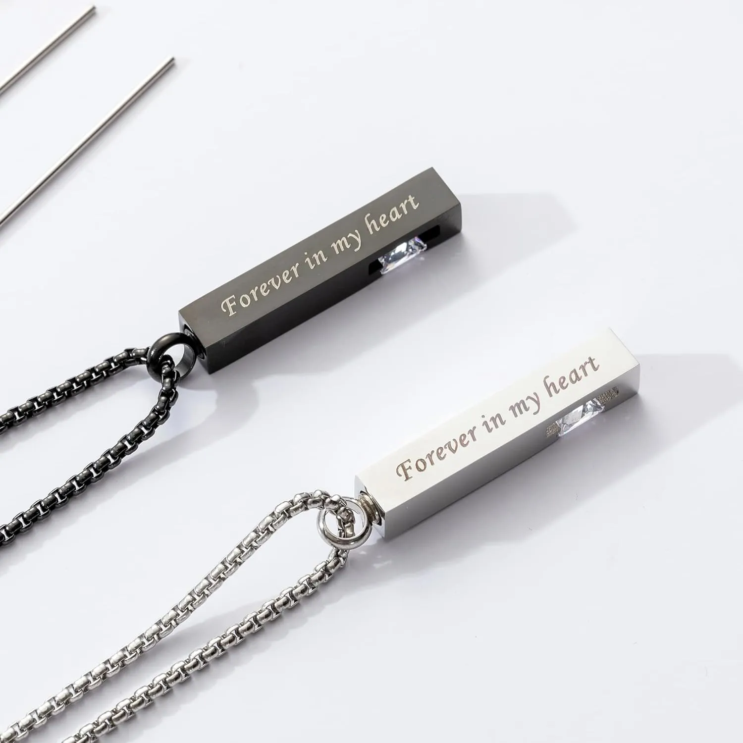 MOROTOLE 2 Pcs Urn Necklaces for Ashes Memorial Cremation Urn Necklace Stainless Steel Black Silver Tone Bar Pendant Necklace Ashes Keepsake Jewelry with Cubic Zirconia