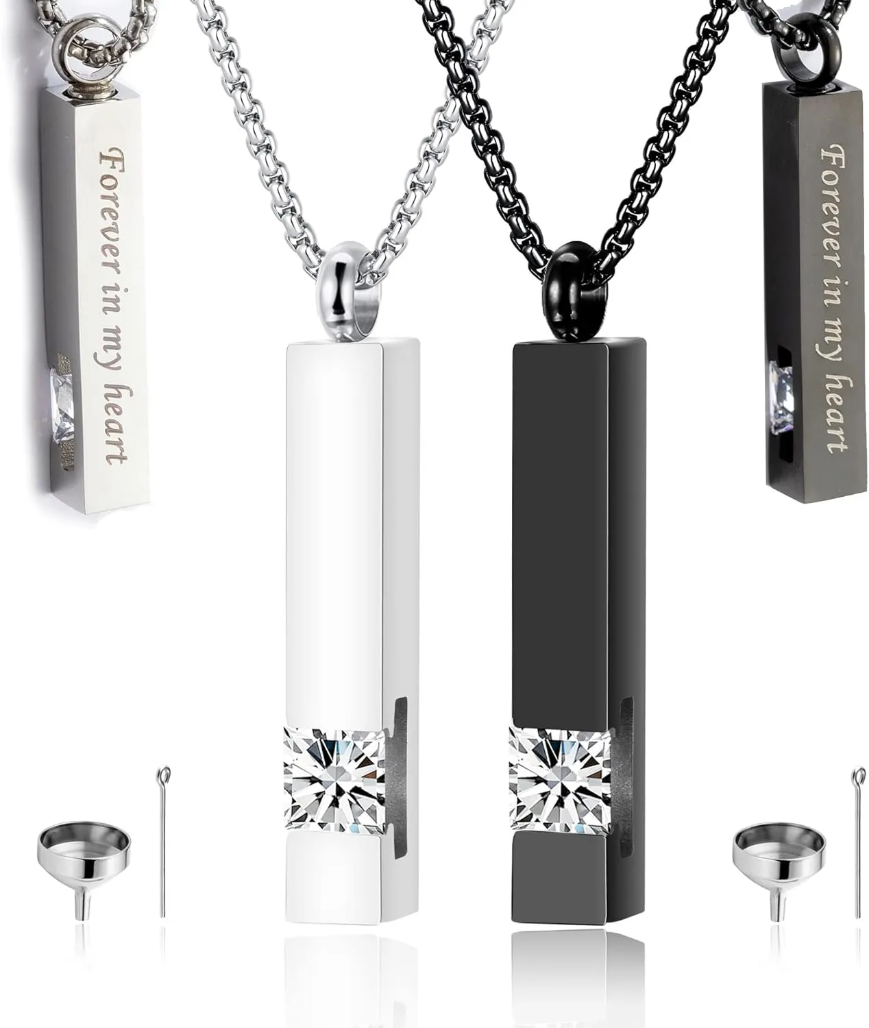 MOROTOLE 2 Pcs Urn Necklaces for Ashes Memorial Cremation Urn Necklace Stainless Steel Black Silver Tone Bar Pendant Necklace Ashes Keepsake Jewelry with Cubic Zirconia