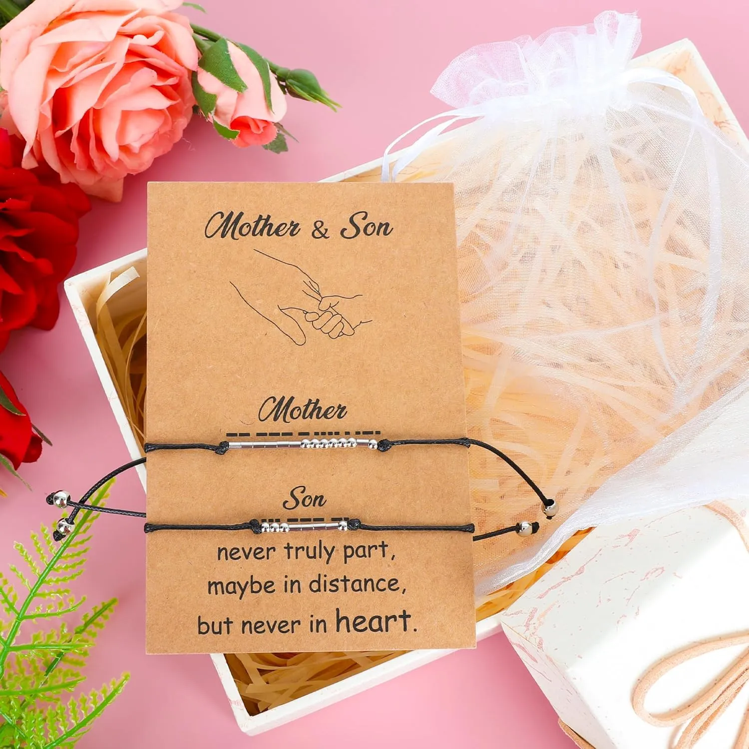 Mothers Day Bracelet Gifts, Adjustable Hearts Mother and Son Bracelet with Card, Celebrate Love Mothers Day Gifts for Grandma Son Accessories