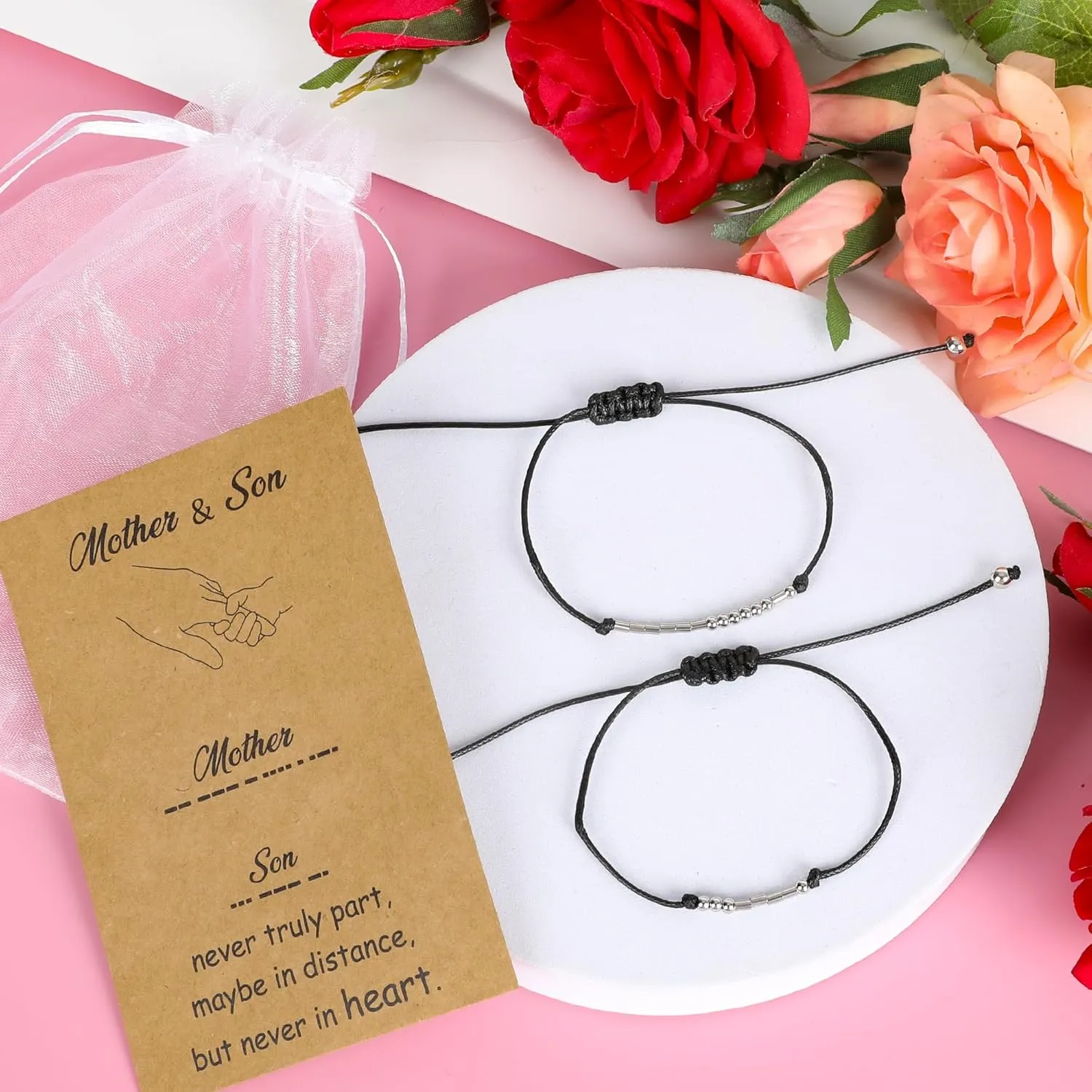 Mothers Day Bracelet Gifts, Adjustable Hearts Mother and Son Bracelet with Card, Celebrate Love Mothers Day Gifts for Grandma Son Accessories