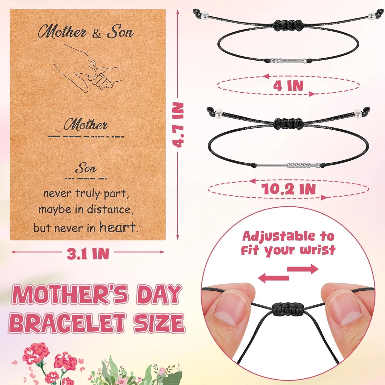 Mothers Day Bracelet Gifts, Adjustable Hearts Mother and Son Bracelet with Card, Celebrate Love Mothers Day Gifts for Grandma Son Accessories