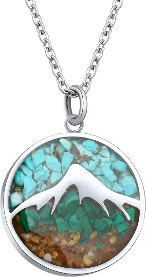 Mountain Necklace for Women, Stainless Steel Pendant Necklace in Turquoise Sodalite Stone Chips, Dainty Nature Necklaces Jewelry for Skiers, Hikers, Campers, Climbers and Nature Lovers