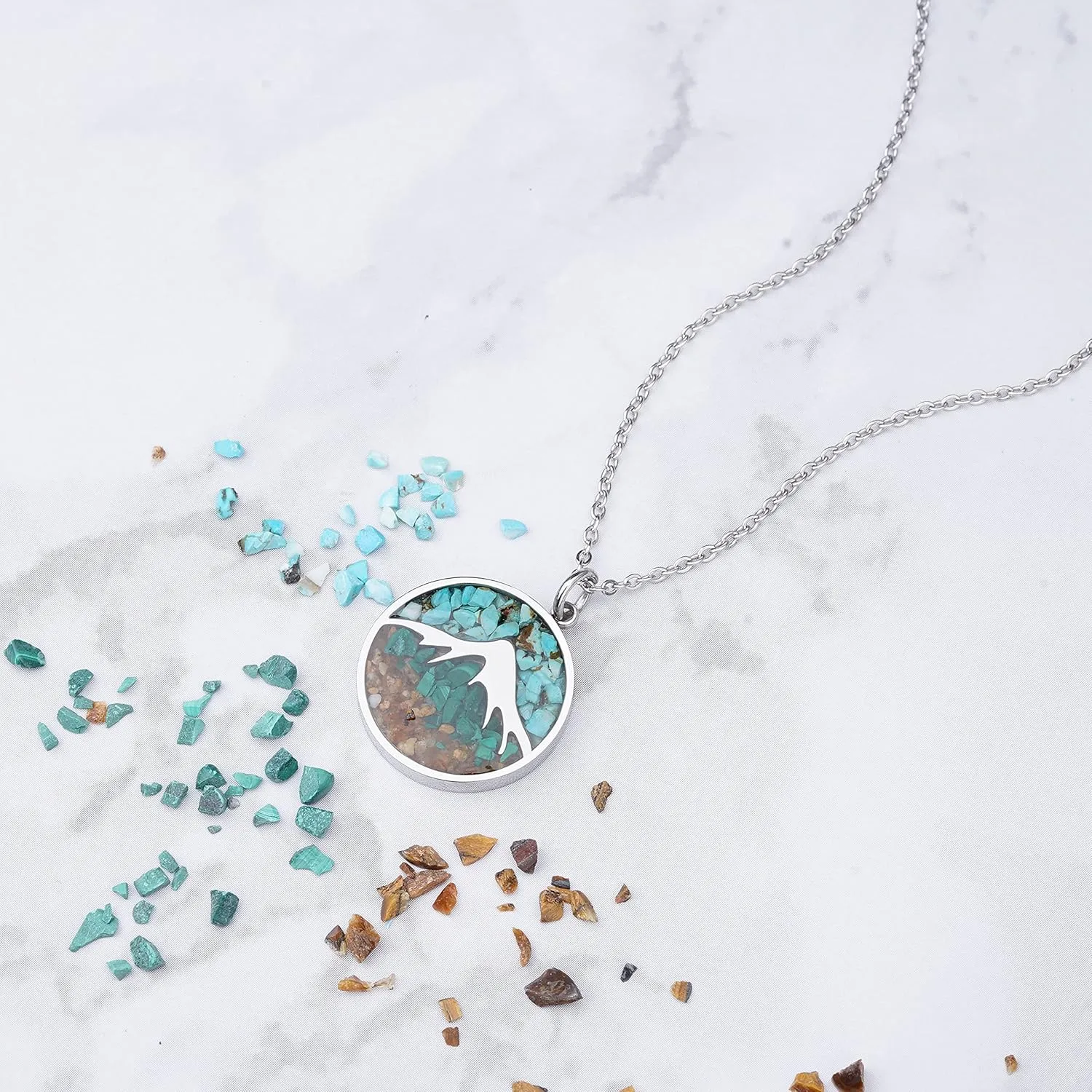 Mountain Necklace for Women, Stainless Steel Pendant Necklace in Turquoise Sodalite Stone Chips, Dainty Nature Necklaces Jewelry for Skiers, Hikers, Campers, Climbers and Nature Lovers