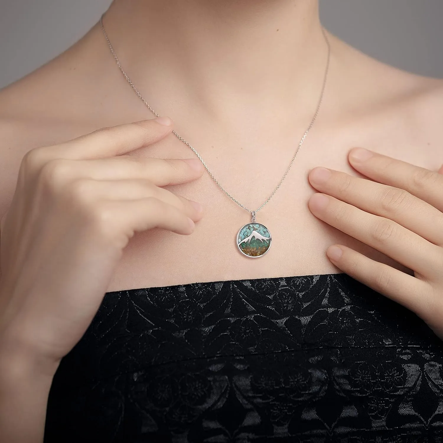 Mountain Necklace for Women, Stainless Steel Pendant Necklace in Turquoise Sodalite Stone Chips, Dainty Nature Necklaces Jewelry for Skiers, Hikers, Campers, Climbers and Nature Lovers