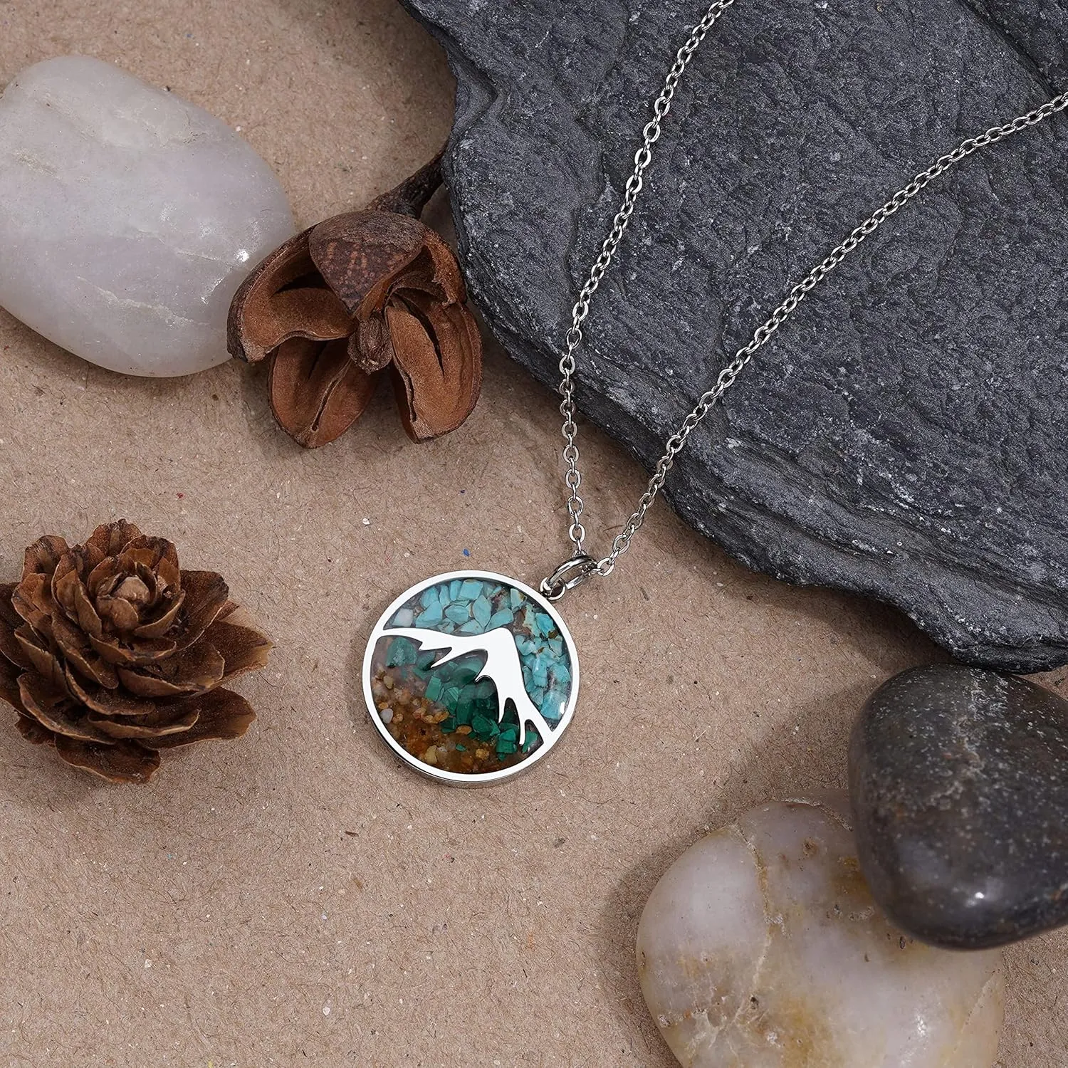Mountain Necklace for Women, Stainless Steel Pendant Necklace in Turquoise Sodalite Stone Chips, Dainty Nature Necklaces Jewelry for Skiers, Hikers, Campers, Climbers and Nature Lovers