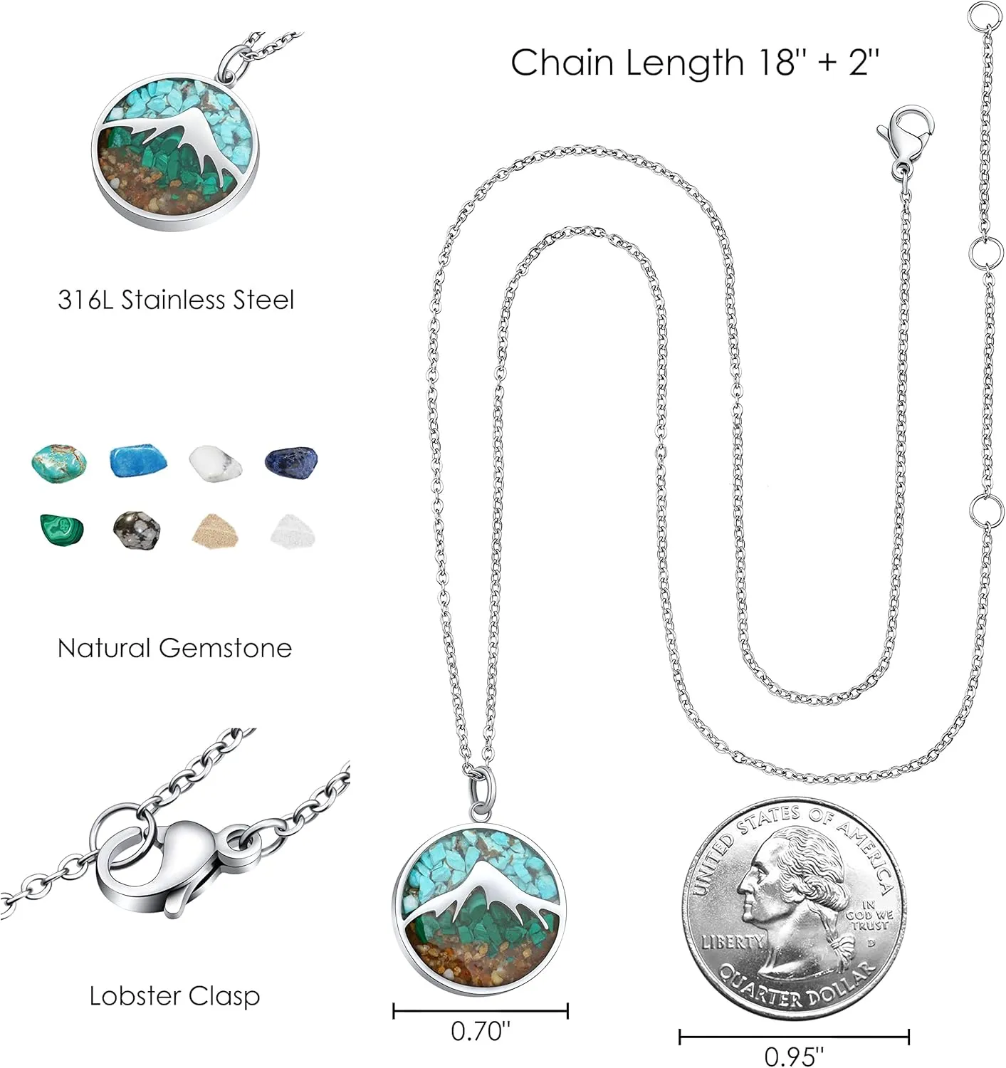 Mountain Necklace for Women, Stainless Steel Pendant Necklace in Turquoise Sodalite Stone Chips, Dainty Nature Necklaces Jewelry for Skiers, Hikers, Campers, Climbers and Nature Lovers