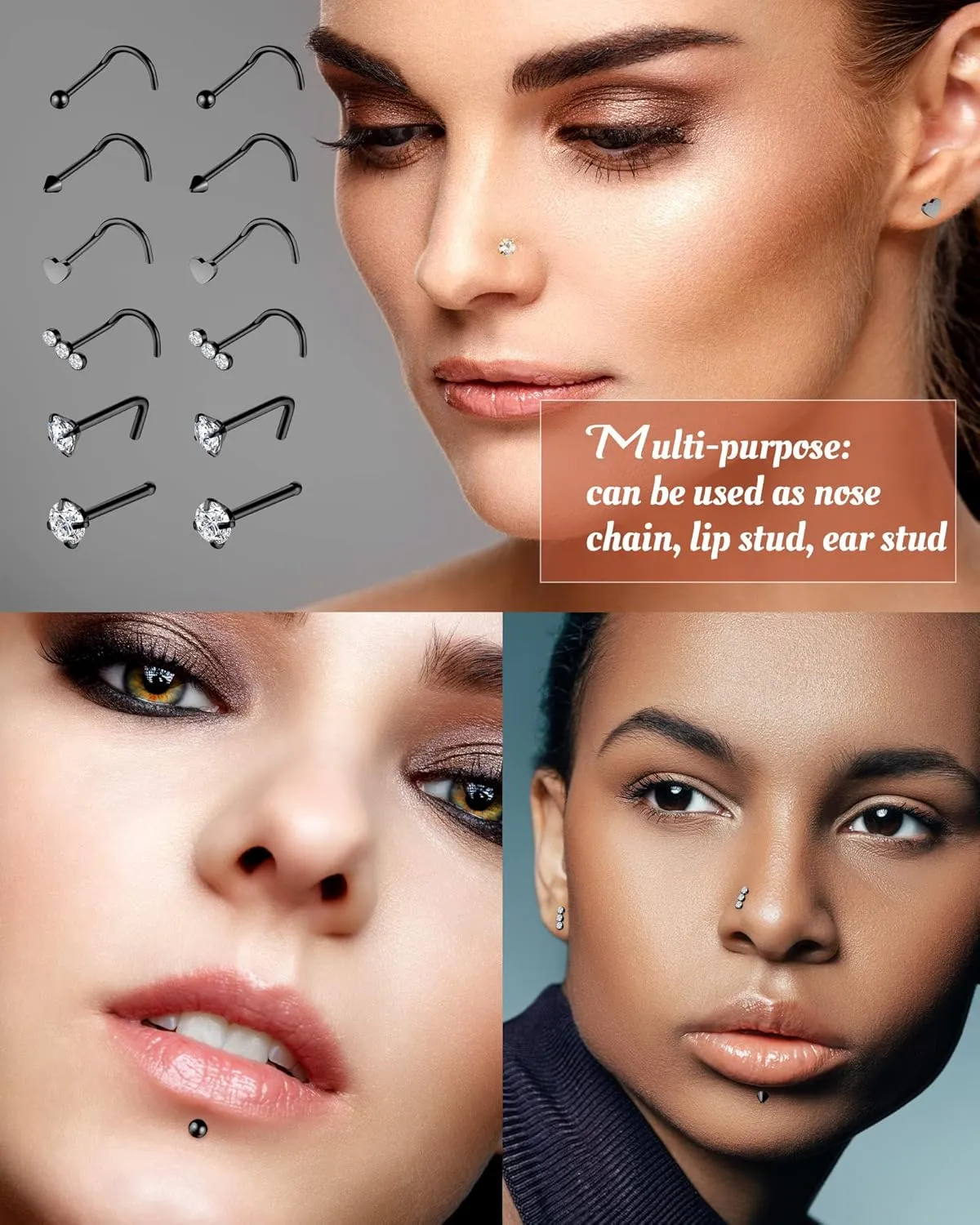 MTLEE Nose Ring Chain Piercing Across Double Nose Stud CZ Heart Ball l Shaped Stainless Steel Piercing Jewelry Nostril Chain for Women Men