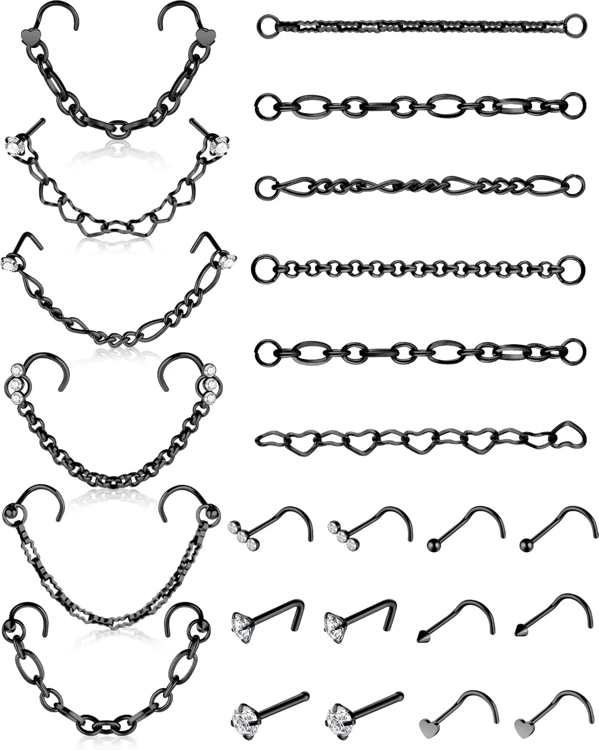 MTLEE Nose Ring Chain Piercing Across Double Nose Stud CZ Heart Ball l Shaped Stainless Steel Piercing Jewelry Nostril Chain for Women Men