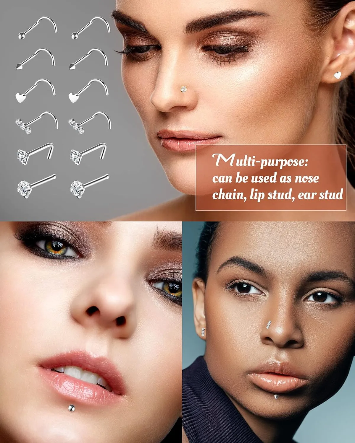 MTLEE Nose Ring Chain Piercing Across Double Nose Stud CZ Heart Ball l Shaped Stainless Steel Piercing Jewelry Nostril Chain for Women Men