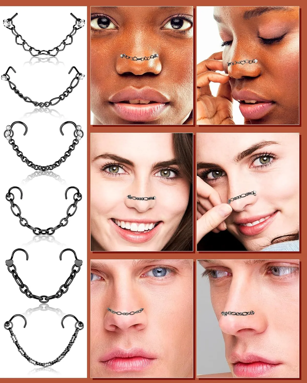MTLEE Nose Ring Chain Piercing Across Double Nose Stud CZ Heart Ball l Shaped Stainless Steel Piercing Jewelry Nostril Chain for Women Men