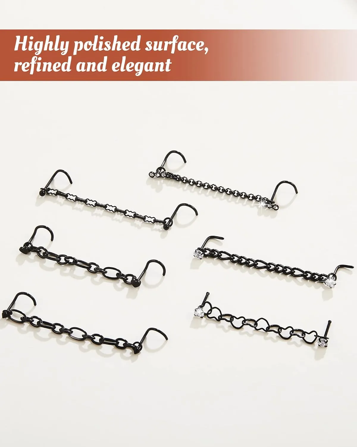 MTLEE Nose Ring Chain Piercing Across Double Nose Stud CZ Heart Ball l Shaped Stainless Steel Piercing Jewelry Nostril Chain for Women Men
