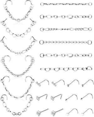 MTLEE Nose Ring Chain Piercing Across Double Nose Stud CZ Heart Ball l Shaped Stainless Steel Piercing Jewelry Nostril Chain for Women Men
